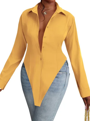 Vista 12 de OPOIPIN Blusa de manga larga con cuello en V para mujer, con botones, dobladillo con abertura