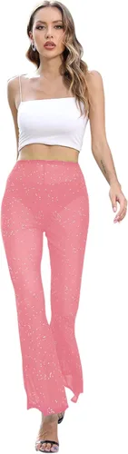 Vista 3 de Pantalones brillantes de malla transparente para mujer, acampanados, de cintura alta, acampanados, para fiestas y festivales de baile