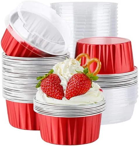 Vista 8 de Paquete de 100 tazas de papel de aluminio para hornear con tapas, tazas de postre de 5 onzas, moldes para magdalenas, moldes desechables para Oro