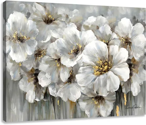 Vista 8 de Cuadro de flores para sala de estar, arte de pared floral azul y blanco sobre lienzo con detalles dorados para decoración de dormitorio gris, 32 x