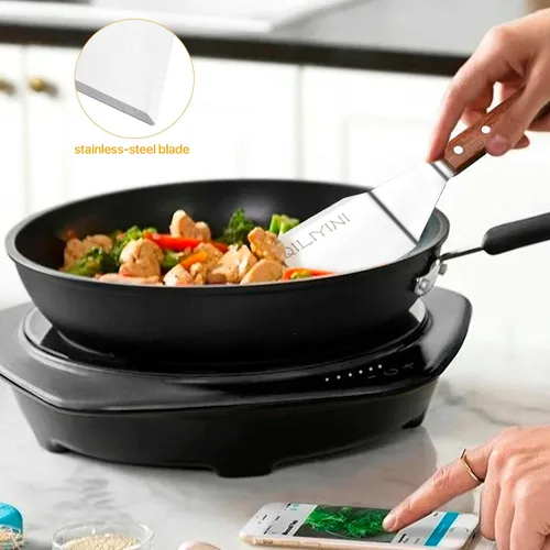 Vista 4 de 2 espátulas de acero inoxidable para sartén de hierro fundido, espátula para parrilla con mango de madera, tortitas de metal resistente