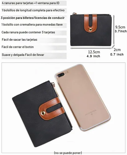 Vista 6 de AOXONEL - Cartera de piel para mujer con bloqueo RFID, pequeño bolsillo de dos pliegues con cremallera, monedero compacto y delgado con ventana