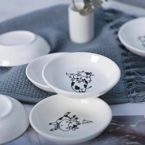 Vista 5 de Divertidos platos de cerámica con diseño de vaca y pájaro de caricatura, platos de condimentos, cuencos de sushi y soja, platos de aperitivo, platos