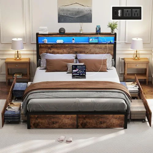 Vista 17 de SADENICEL Base de cama de tamaño matrimonial con almacenamiento, plataforma de cama de madera LED con cabecero, 2 cajones, estación de carga,