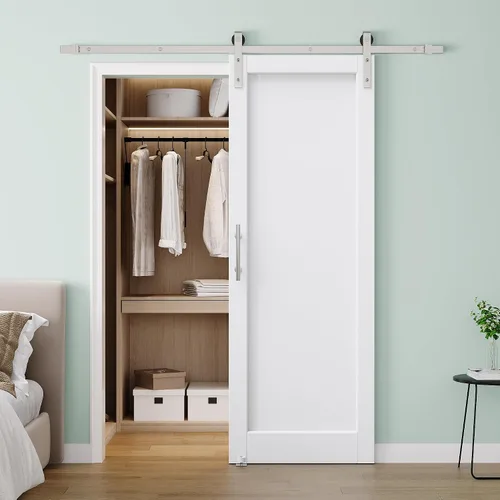 Vista 27 de 30"x84" 1-Lite Double Side Mirror Barn Door Slab with 6FT Track Kit, Handle White / 1-Lite Double Side Mirror