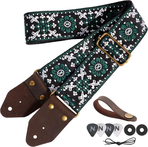 Vista 24 de Nefelibata Correa de guitarra, correas de guitarra de algodón bordado jacquard con extremos de cuero de caballo loco para bajo, eléctrico