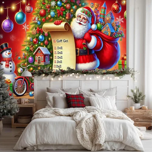 Vista 3 de HOMETITUTE Pancarta de Navidad de Papá Noel 8 x 6 pies Lista de Regalos Telón de Fondo Fiesta Navideña Fondo Árbol Muñeco de Nieve Bicicleta