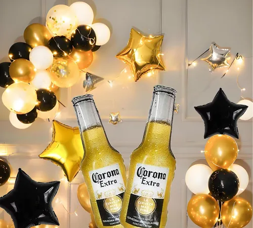 Vista 3 de 18 tazas de cerveza con temática de corona, decoración de fiesta para hombres, globos de felicitación, globos dorados y negros de estrella