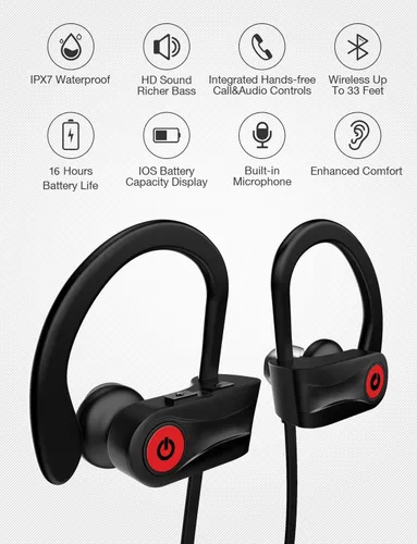 Vista 2 de Otium Auriculares Bluetooth inalámbricos, auriculares Bluetooth, auriculares deportivos, IPX7, impermeables, estéreo, para gimnasio, correr, 15 Negro