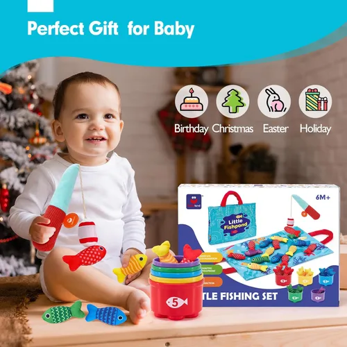 Vista 7 de hahaland Juguetes Montessori para niño de 1 año, regalo de cumpleaños, juego de pesca de tela 10 en 1, juguetes para niños pequeños con tazas