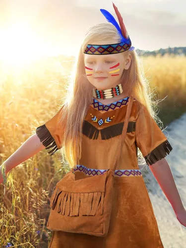 Vista 7 de AOTHSO Disfraz de nativo americano para niñas de 7 piezas, disfraz de princesa india para Halloween, cosplay