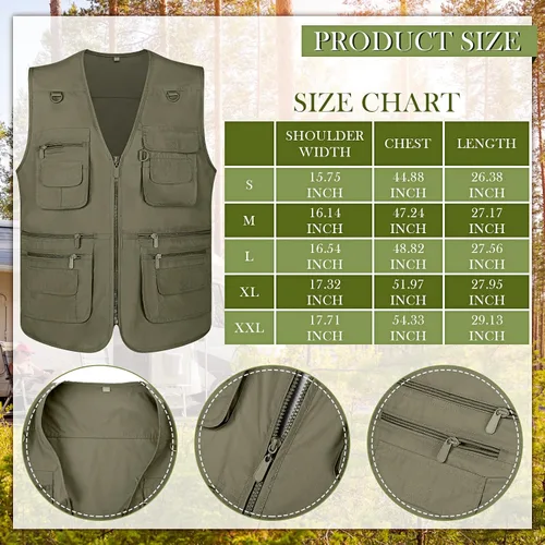 Vista 2 de Janmercy Chaleco de pesca de trabajo para hombre, 2 piezas, con sombrero, ligero, safari, viajes, caza, con múltiples bolsillos, sombrero de pesca