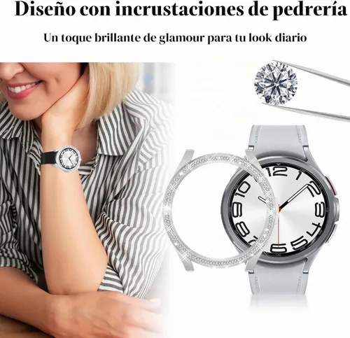 Vista 5 de Funda de reloj 2 en 1 para Samsung Galaxy Watch 6 Classic de 1.850 in (SM-R960), cubierta protectora de policarbonato con anillo bisel de diamantes