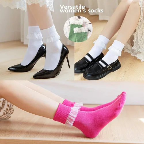 Vista 3 de SRYL YYS09 - Calcetines de tobillo para mujer, con encaje, con volantes, cómodos, de algodón, para mujer, niña, princesa