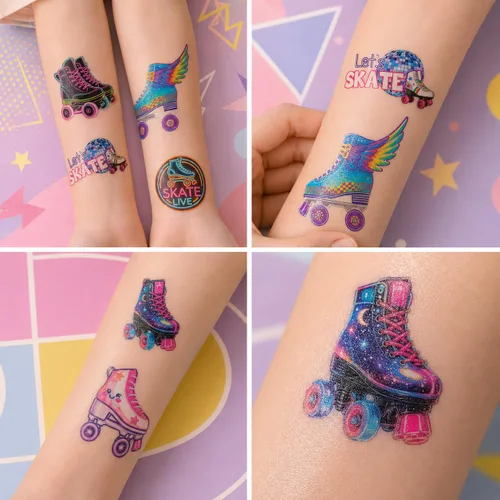 Vista 6 de 96 tatuajes temporales de patines de neón – tema de los años 80 y 90 para decoración de fiesta de cumpleaños, suministros de regalos para niños