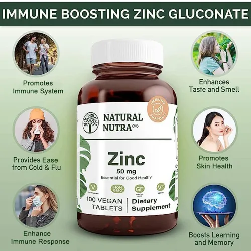 Vista 3 de Natural Nutra Suplemento de gluconato de zinc de 50 mg para apoyo inmunológico, piel, mejora el sabor y el olor, sin gluten, 50 mg, 100 tabletas