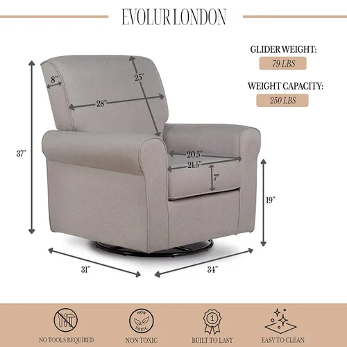 Vista 3 de Evolur London - Asiento giratorio tapizado de felpa, diseño ergonómico para guardería en fósil, montaje sin herramientas, fácil de limpiar