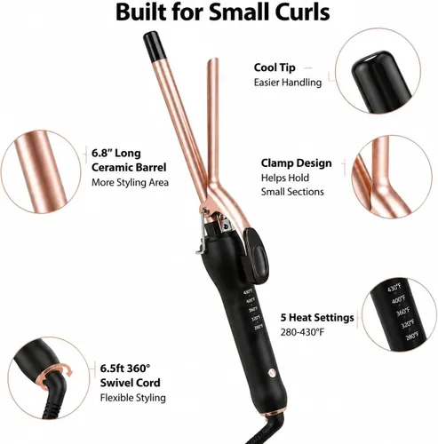 Vista 7 de Varita rizadora pequeña de 3/8 pulgadas para cabello corto y largo, rizador de cerámica de 0.354 in para rizos apretados, varita rizadora delgada