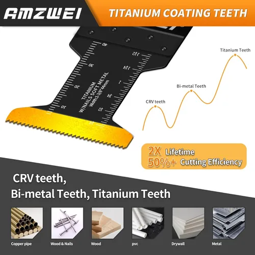 Vista 4 de AMZWEI 22 cuchillas oscilantes para herramientas, 5 tipos de titanio y HCS hojas de sierra oscilantes para metal, madera, plástico, cuchillas