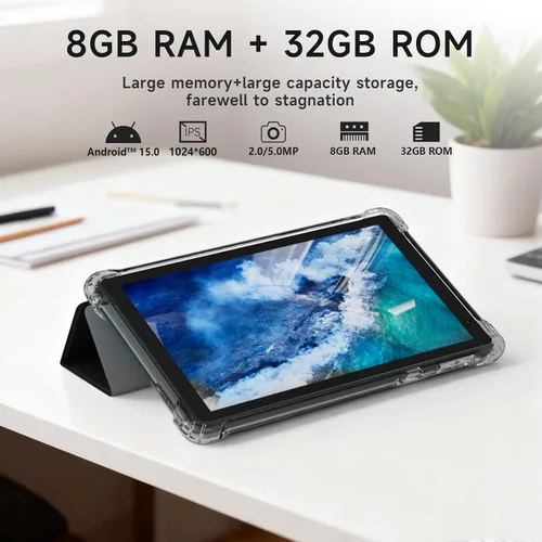 Vista 5 de PEICHENG Tableta con Estuche Protector, 7" IPS 1024 * 600 Android 15.0 Tab PC RAM 8GB (3+5 Expand) + ROM 32GB Bluetooth 5.0 WiFi 6 2.4G+5G 2MP+5MP