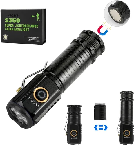 Vista 10 de UNROEVS Mini linterna recargable de 2550 lúmenes con carga USB C, pequeñas linternas de alto lúmenes, 5 modos, luz de bolsillo con clip, linterna
