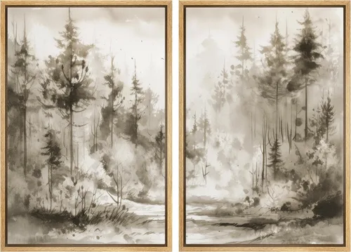 Vista 73 de MUDECOR Lienzo enmarcado para pared, bosque brumoso, reflejos, paisaje tranquilo, ilustraciones modernas, arte decorativo, bohemio, tranquilo/zen