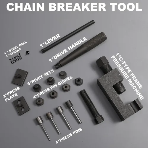 Vista 6 de kit de herramientas para romper cadena de motocicleta, juego de herramientas de remache de cadena de 18 piezas, herramienta de corte y extracción