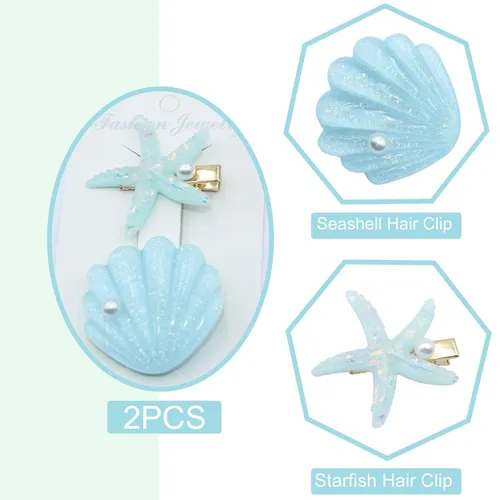 Vista 4 de Juego de pinzas para el cabello con perlas de concha de mar, disfraz de sirena artificial, horquilla de princesa para niñas y mujeres, accesorios