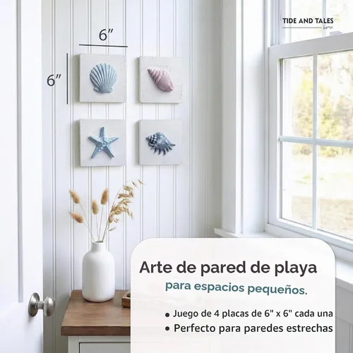 Vista 3 de TideAndTales - Decoración de playa de conchas marinas (juego de 4) conchas 3D texturizadas y decoraciones de estrellas de mar para el hogar o casa
