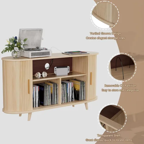 Vista 5 de Soporte para tocadiscos, gabinete de almacenamiento de discos de 55 pulgadas con estación de carga y puertos USB, soporte para tocadiscos