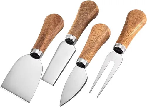 Vista 2 de Juego de cuchillos de queso con mango de madera, mini cuchillo de queso inoxidable de acero inoxidable para embutidos y queso untado Mini pinzas