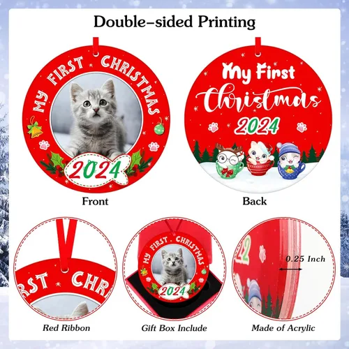 Vista 3 de PETCEE Adornos de gato para árbol de Navidad - Mi Primera Navidad Ornamento 2025 Marco de fotos de gatito Adornos personalizados para colgar fotos