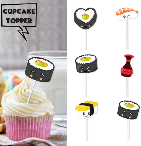 Vista 2 de Decoración para cupcakes de postre de sushi con purpurina, suministros de decoración para baby shower, decoración de fiesta japonesa para niños