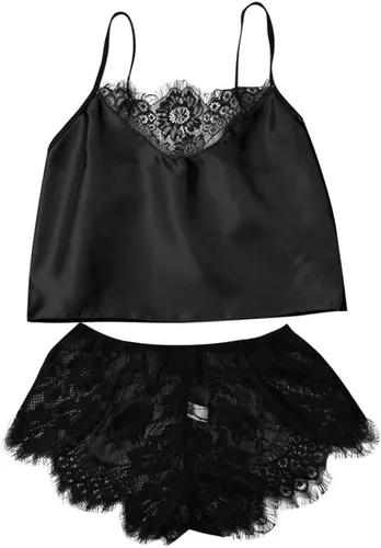 Vista 6 de Nskgu Conjunto de pijama de satén para mujer, lencería sexy, ropa de noche, 2 piezas con ribete de encaje, camisola y pantalones cortos, conjuntos