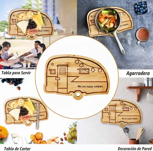 Vista 7 de Tabla grande de corte de bambú Happy Camper, cubierta de estufa de madera para RV, tabla de cortar carne para barbacoa, tabla de cortar para pavo