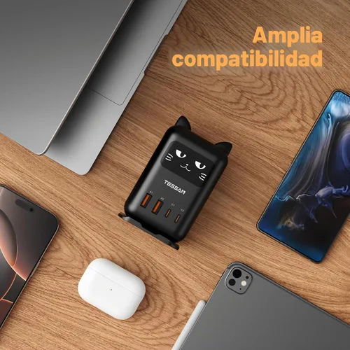 Vista 5 de Bloque de cargador USB C PD 65W, estación de carga TESSAN para múltiples Cargador de torre de escritorio con 4 puertos USB para iPhone 17/16/15 Negro