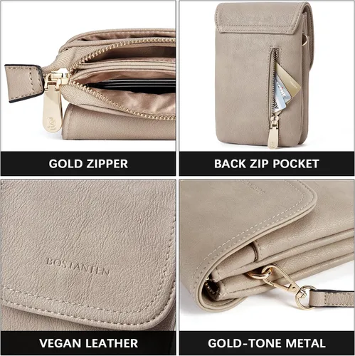 Vista 7 de Bolso bandolera pequeño de piel vegana BOSTANTEN para mujer, con diseño de cartera para celular, con correa ajustable