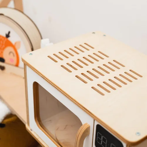 Vista 8 de Horno de microondas de madera para niños, muebles Montessori para niños pequeños, juguete de microondas, madera para niños, sala de juegos de madera