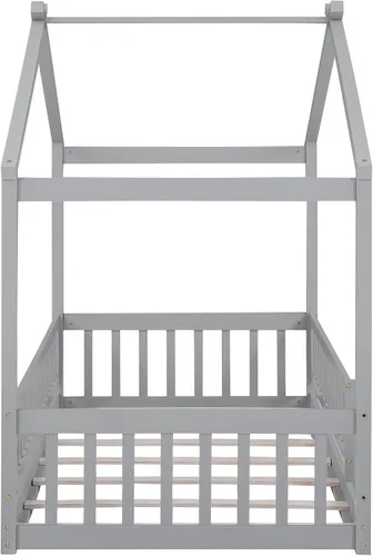 Vista 6 de MERITLINE Cama individual Montessori para niños, marco de cama individual Montessori con rieles y techo, no necesita somier, para niños, Gris