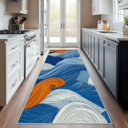 Vista 10 de Blue Fluid Line Runner Rug 2x4 Small - Hallway Runner Rug Ocean Wave Abstract Art Pattern, Non Slip, Washable, Blue Fluid Line Home Decor Carpet for