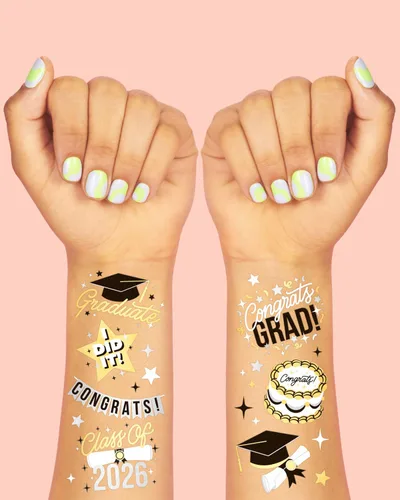 Vista 3 de xo, Fetti Tatuajes temporales de graduación 2026 – 48 estilos de aluminio Decoraciones de fiesta de graduación, accesorio para niñas graduadas