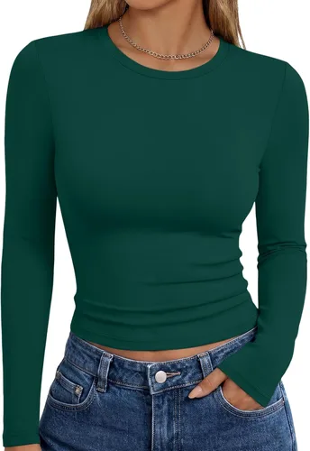 Vista 19 de Trendy Queen Camisetas de manga larga para mujer, camisetas básicas de Verde militar