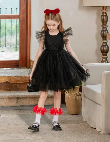 Vista 5 de Dicry Calcetines de encaje doble para niñas con volantes grandes para bebés y niños pequeños