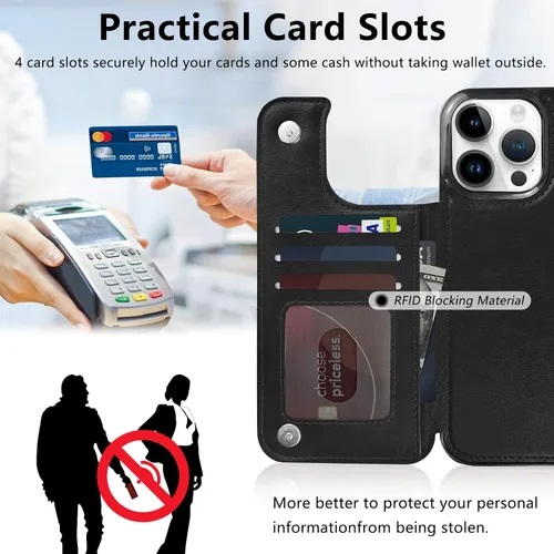 Vista 3 de Funda magnética tipo cartera con tapa para iPhone 14Pro Max de 6.7 pulgadas, compatible con MagSafe, soporte de cuero con soporte para tarjetas
