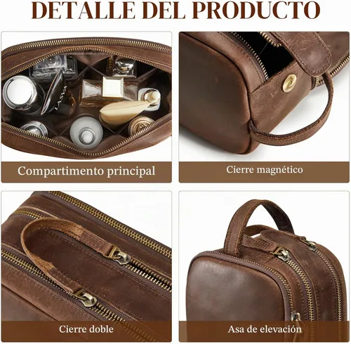 Vista 4 de S-ZONE - Neceser de viaje de cuero para hombres y mujeres, bolsas de afeitar cosméticas Marrón oscuro