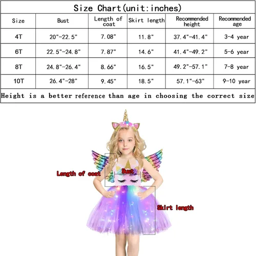 Vista 6 de Sequin LED Light Up Unicorn Custome for 4-10Y Girls Birthday Gifts Outfit Unicorn Tutu Dress with Headband and Wings