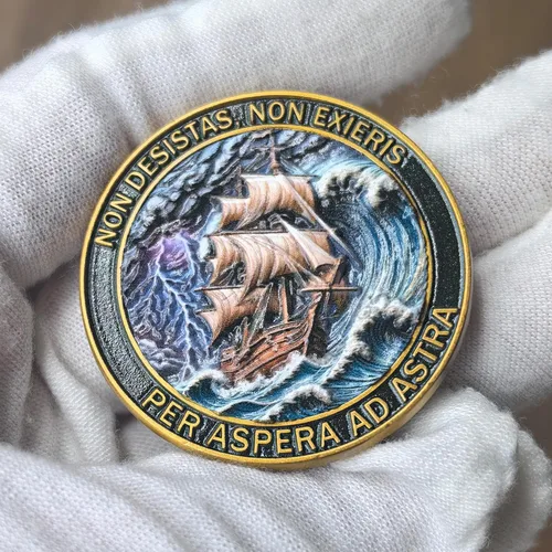 Vista 3 de Sailing Ship & Anchor - Moneda inspiradora de desafío – Símbolo de perseverancia y coraje – Medallón de premios motivacionales