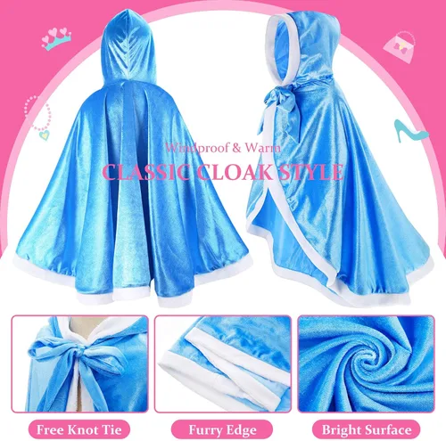 Vista 3 de Skylety Juego de 7 piezas de disfraz de princesa con capucha para niñas pequeñas, cosplay, fiesta, cumpleaños