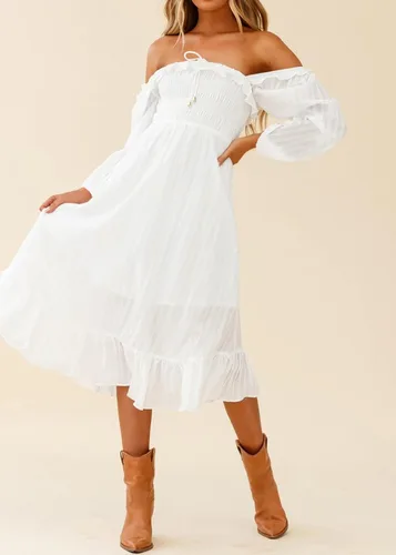 Vista 2 de R.Vivimos Women's Linen Fall Long Sleeves Stripes Ruffled Boho Casual A-Line Flowy Midi Dresses
