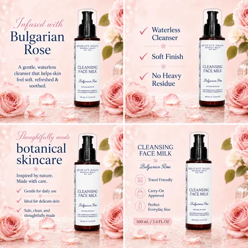 Vista 4 de Delicate Daisys Botanical Beauty Leche facial limpiadora - Rosa búlgara natural y orgánica sin agua, limpiador facial 3.4 fl oz Vegano y libre